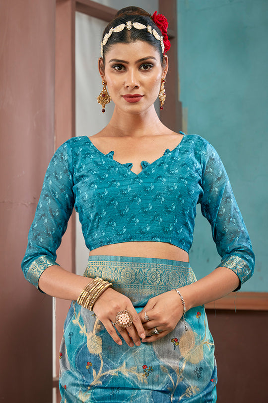 Deep Sea Cotton Linen Blend NeoJacquard Digital Elegance Saree