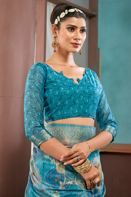 Deep Sea Cotton Linen Blend NeoJacquard Digital Elegance Saree