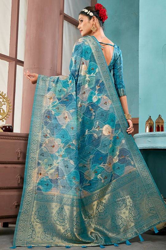 Deep Sea Cotton Linen Blend NeoJacquard Digital Elegance Saree