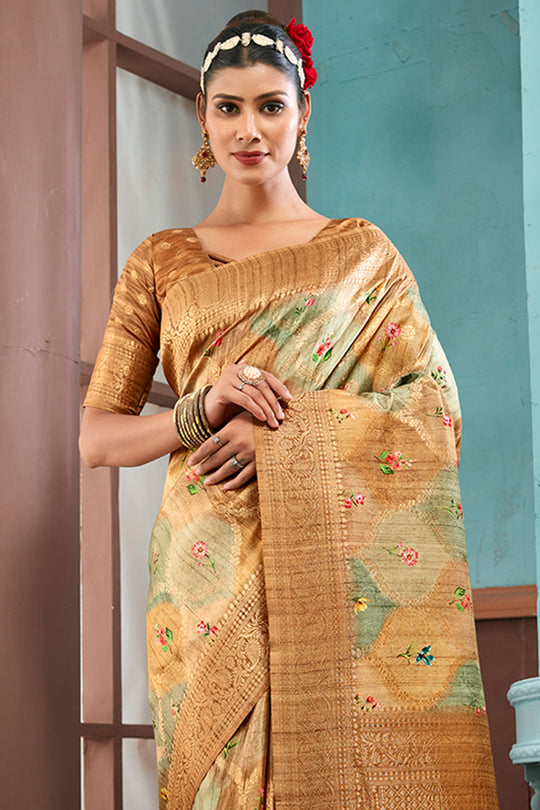 Mustard Yellow Cotton Linen Blend NeoJacquard Digital Elegance Saree