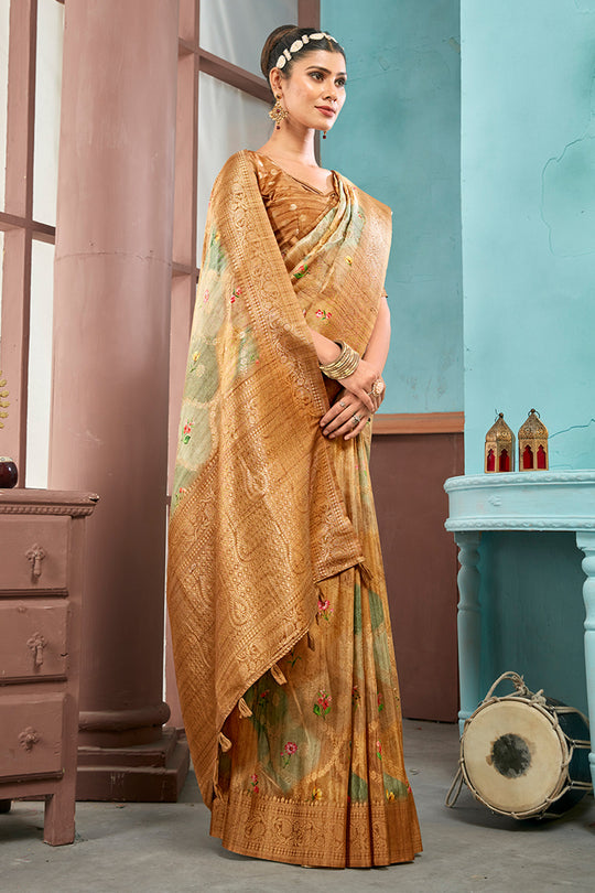 Mustard Yellow Cotton Linen Blend NeoJacquard Digital Elegance Saree