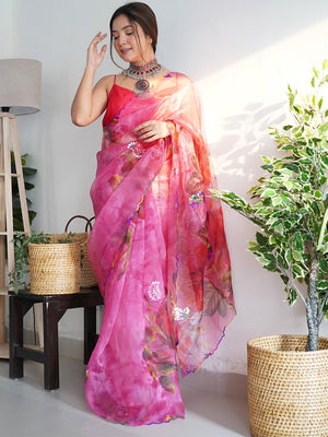 Pink Organza Saree With Blouse Piece