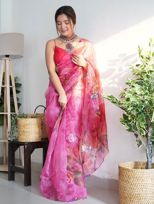 Pink Organza Saree With Blouse Piece