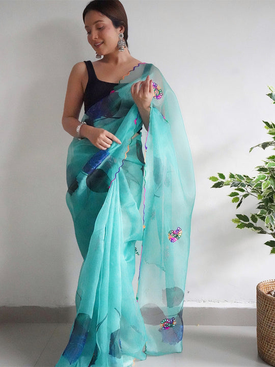 Sky Blue Organza Saree With Blouse Piece