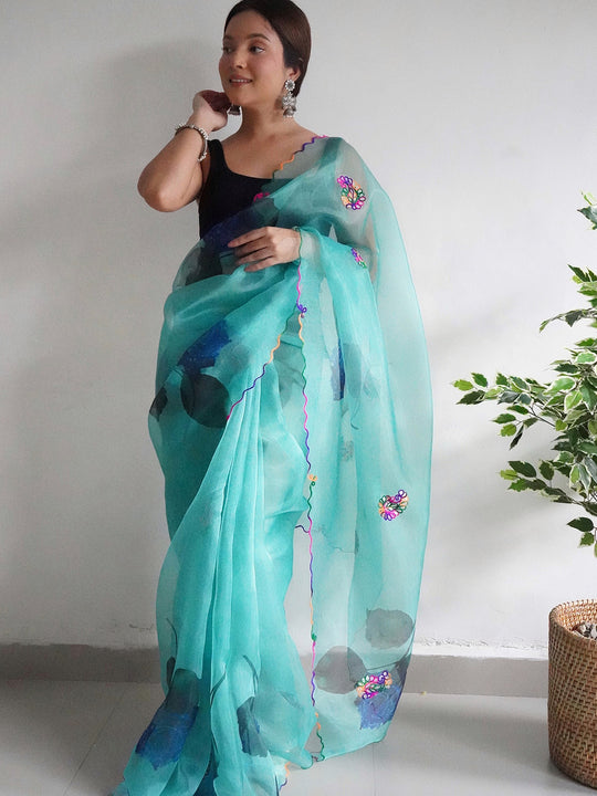 Sky Blue Organza Saree With Blouse Piece