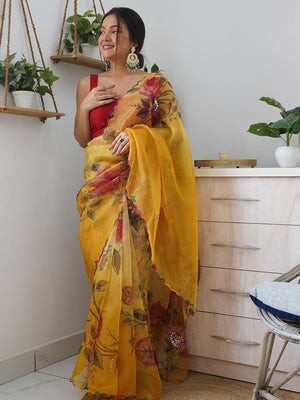 Yellow Organza Saree With Blouse Piece