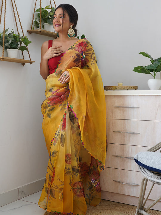 Yellow Organza Saree With Blouse Piece