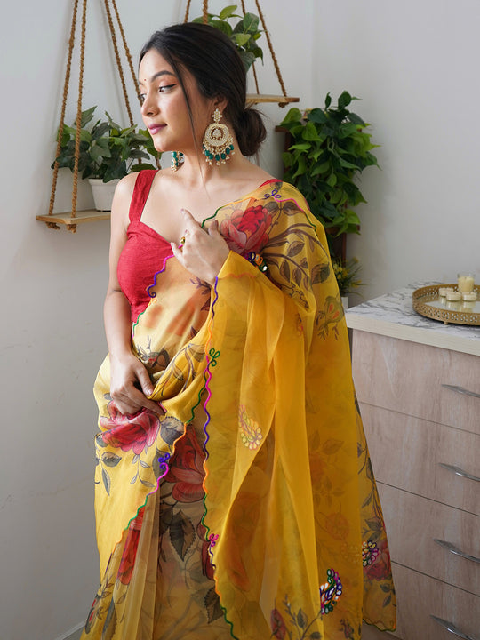 Yellow Organza Saree With Blouse Piece