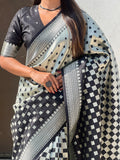 Black & White Silk Saree With Blouse Piece