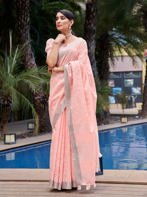 Peach Pure Linen Blend Saree With Blouse Piece