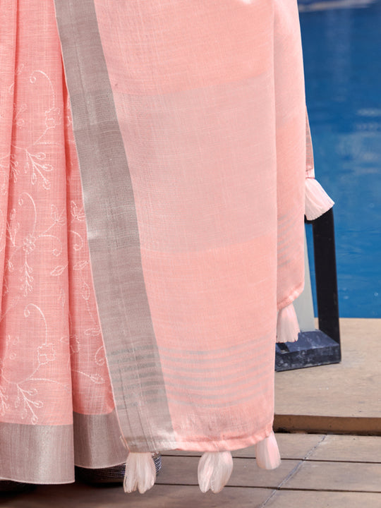 Peach Pure Linen Blend Saree With Blouse Piece