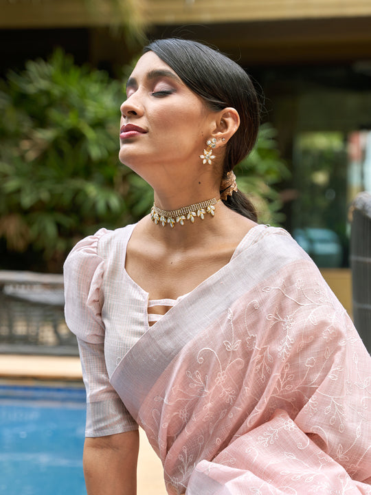 Peach Pure Linen Blend Saree With Blouse Piece