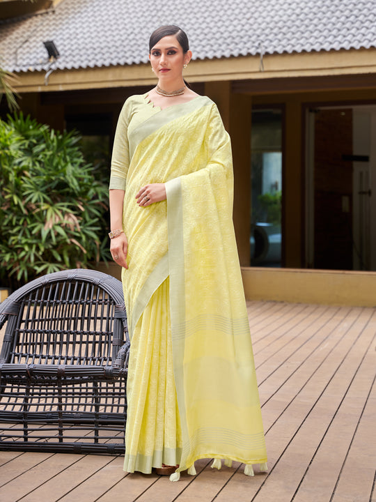 Yellow Pure Linen Blend Saree With Blouse Piece