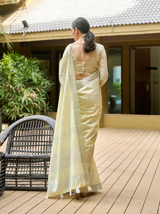 Yellow Pure Linen Blend Saree With Blouse Piece