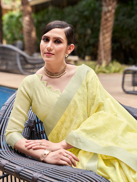Yellow Pure Linen Blend Saree With Blouse Piece