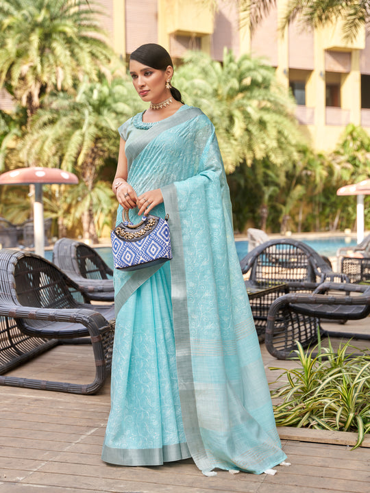 Blue Pure Linen Blend Saree With Blouse Piece