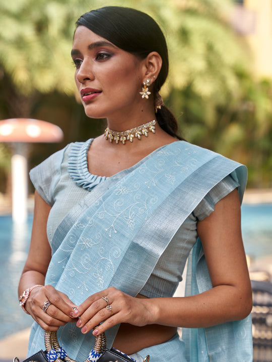 Blue Pure Linen Blend Saree With Blouse Piece