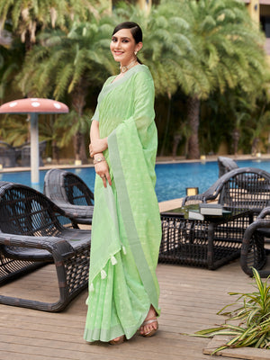 Green Pure Linen Blend Saree With Blouse Piece