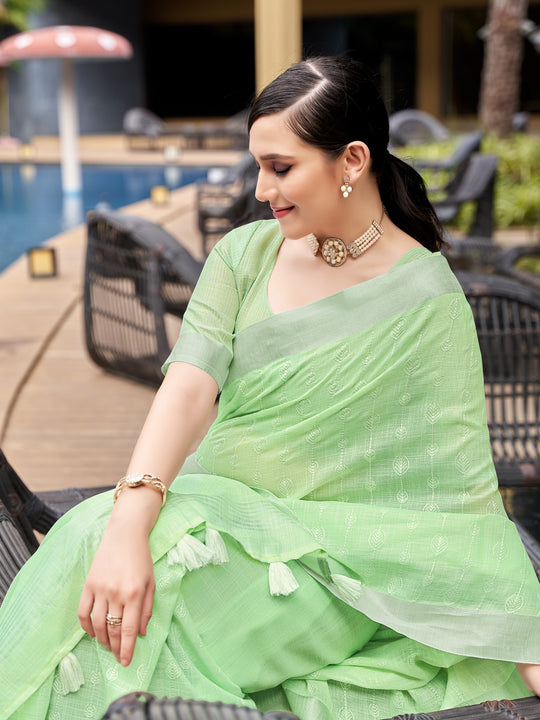 Green Pure Linen Blend Saree With Blouse Piece