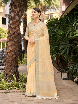 Orange Pure Linen Blend Saree With Blouse Piece