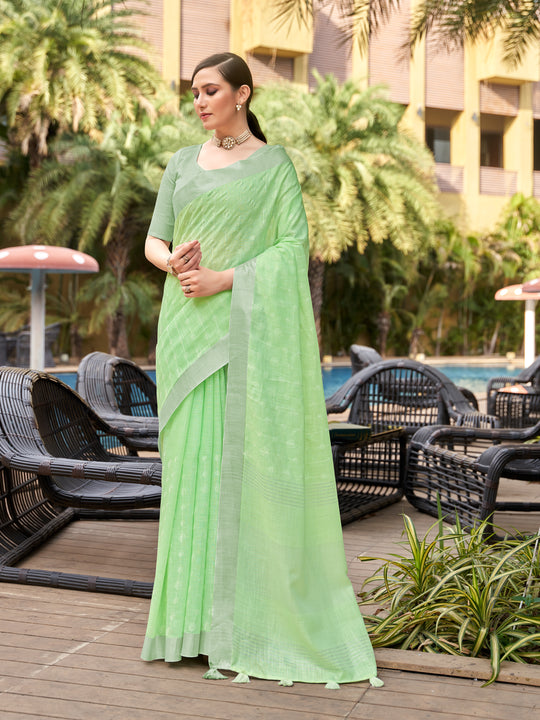 Green Pure Linen Blend Saree With Blouse Piece
