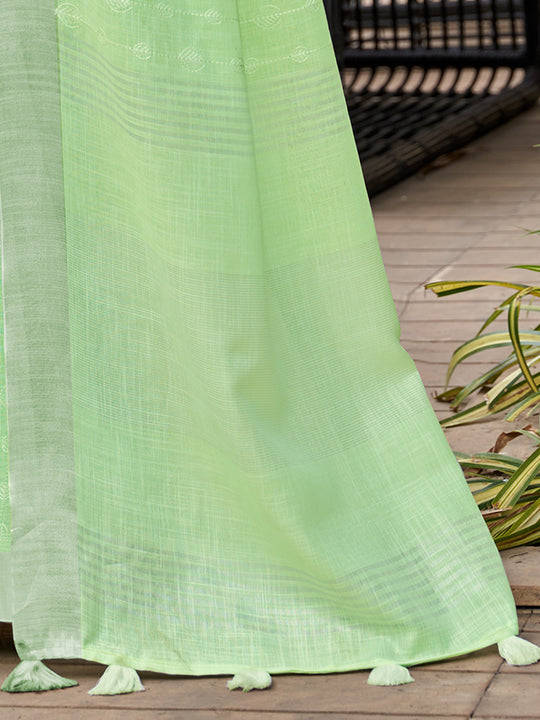 Green Pure Linen Blend Saree With Blouse Piece