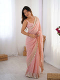 Peach Georgette Sequins Embroidery Work With Cut Work Border Saree With Blouse Piece