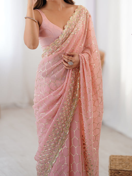 Peach Georgette Sequins Embroidery Work With Cut Work Border Saree With Blouse Piece