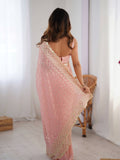 Peach Georgette Sequins Embroidery Work With Cut Work Border Saree With Blouse Piece