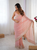Peach Georgette Sequins Embroidery Work With Cut Work Border Saree With Blouse Piece