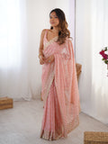 Peach Georgette Sequins Embroidery Work With Cut Work Border Saree With Blouse Piece