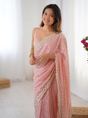 Peach Georgette Sequins Embroidery Work With Cut Work Border Saree With Blouse Piece