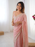 Peach Georgette Sequins Embroidery Work With Cut Work Border Saree With Blouse Piece