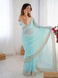 Sky Blue Georgette Sequins Embroidery Work With Cut Work Border Saree With Blouse Piece