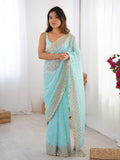 Sky Blue Georgette Sequins Embroidery Work With Cut Work Border Saree With Blouse Piece