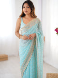Sky Blue Georgette Sequins Embroidery Work With Cut Work Border Saree With Blouse Piece