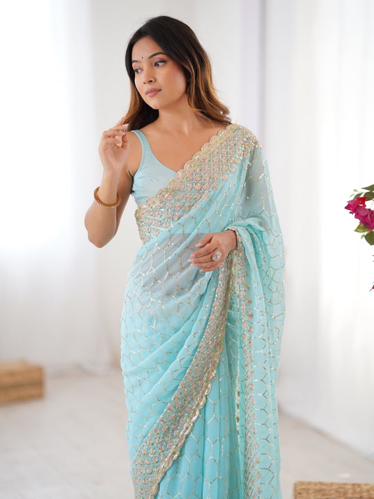Sky Blue Georgette Sequins Embroidery Work With Cut Work Border Saree With Blouse Piece