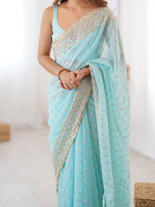 Sky Blue Georgette Sequins Embroidery Work With Cut Work Border Saree With Blouse Piece