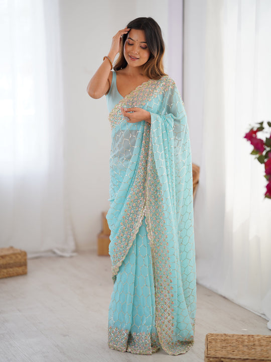 Sky Blue Georgette Sequins Embroidery Work With Cut Work Border Saree With Blouse Piece