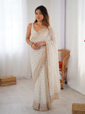 White Georgette Sequins Embroidery Work With Cut Work Border Saree With Blouse Piece