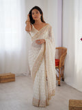 White Georgette Sequins Embroidery Work With Cut Work Border Saree With Blouse Piece