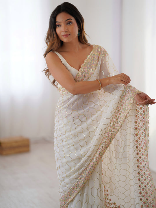 White Georgette Sequins Embroidery Work With Cut Work Border Saree With Blouse Piece