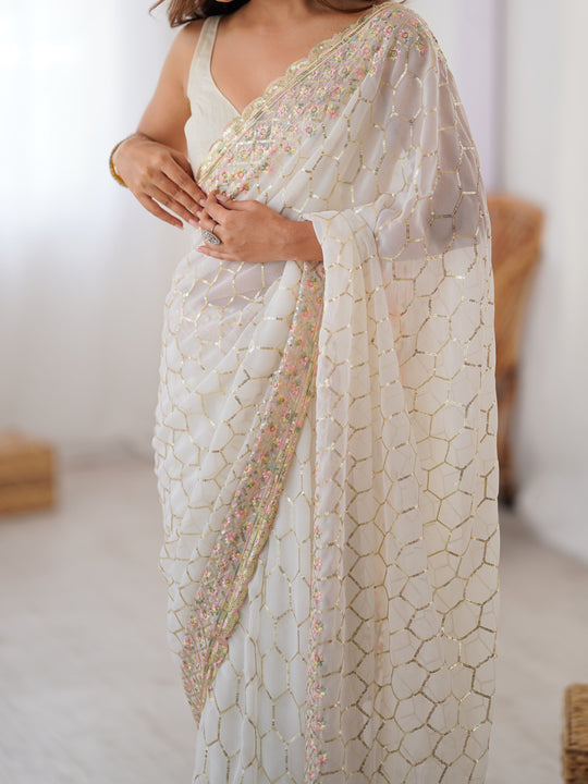 White Georgette Sequins Embroidery Work With Cut Work Border Saree With Blouse Piece