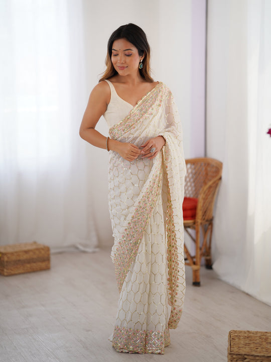 White Georgette Sequins Embroidery Work With Cut Work Border Saree With Blouse Piece