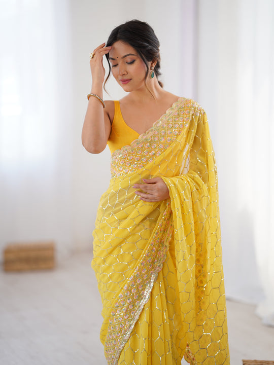 Yellow Georgette Sequins Embroidery Work With Cut Work Border Saree With Blouse Piece