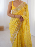 Yellow Georgette Sequins Embroidery Work With Cut Work Border Saree With Blouse Piece
