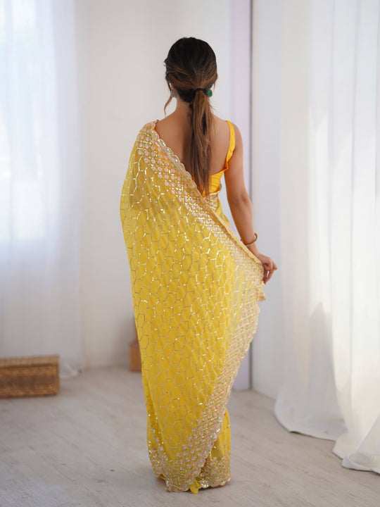 Yellow Georgette Sequins Embroidery Work With Cut Work Border Saree With Blouse Piece