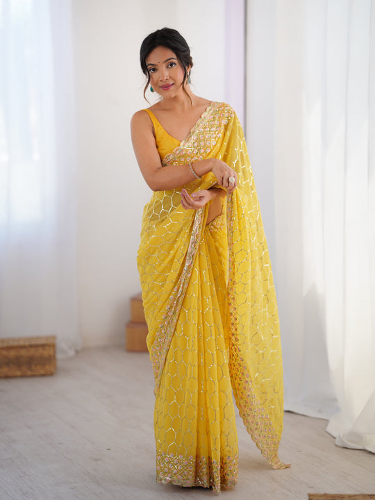 Yellow Georgette Sequins Embroidery Work With Cut Work Border Saree With Blouse Piece