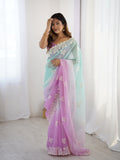 Multi Colour Shimmer Silk Sequins Embroidery Work With Cut Work Border Saree With Blouse Piece