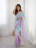 Multi Colour Shimmer Silk Sequins Embroidery Work With Cut Work Border Saree With Blouse Piece